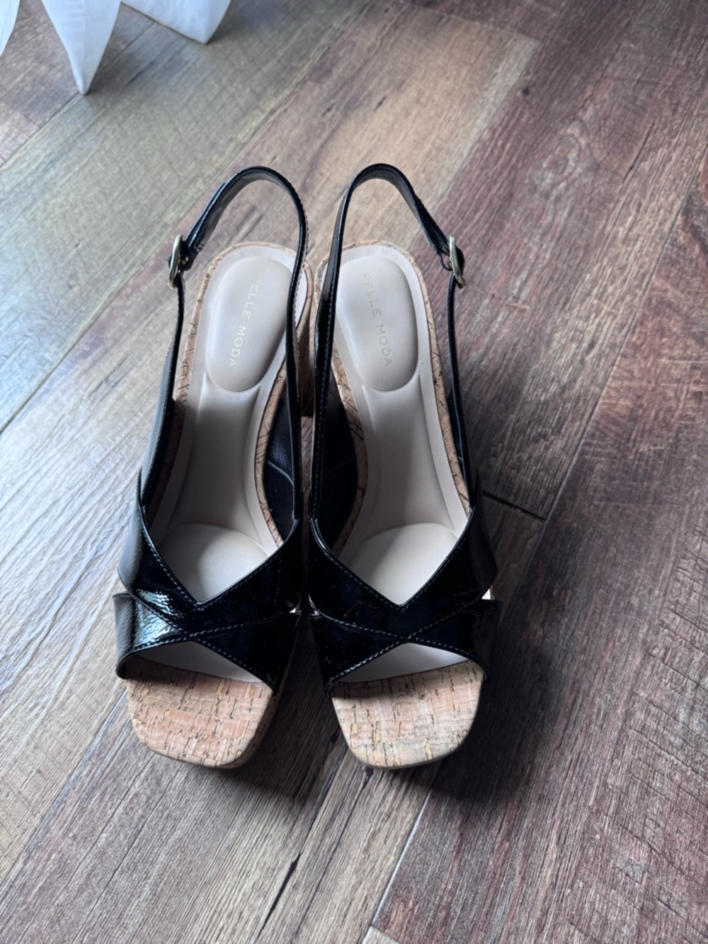 Pelle Moda Black Patent Cork Wedge Slingbacks